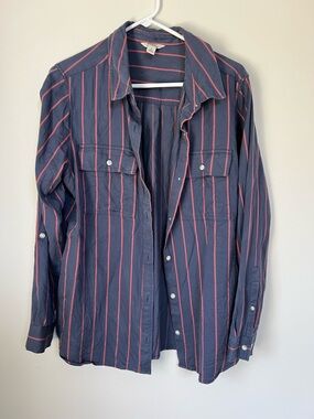 L.L. Bean Navy Shirt with Pink Stripes Large Tencel